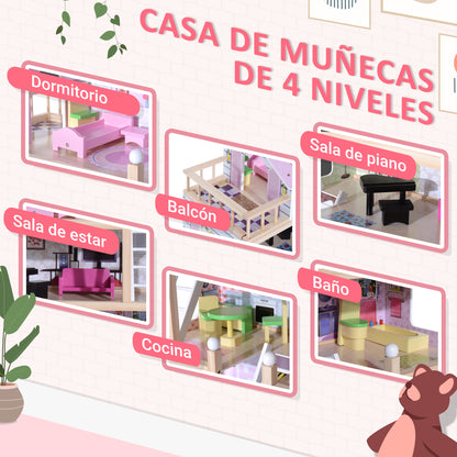 Wooden Dollhouse with 4 Levels Furniture Height 80.5 cm with 13 Accessories Dollhouse for Girls Kids Toy 60.5x30x80.5 cm Pink