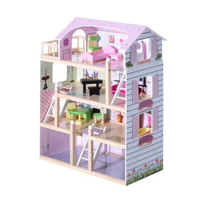Wooden Dollhouse with 4 Levels Furniture Height 80.5 cm with 13 Accessories Dollhouse for Girls Kids Toy 60.5x30x80.5 cm Pink