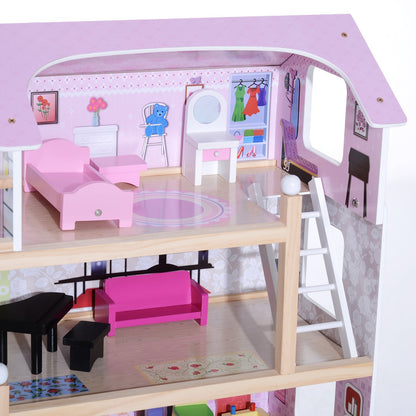Wooden Dollhouse with 4 Levels Furniture Height 80.5 cm with 13 Accessories Dollhouse for Girls Kids Toy 60.5x30x80.5 cm Pink