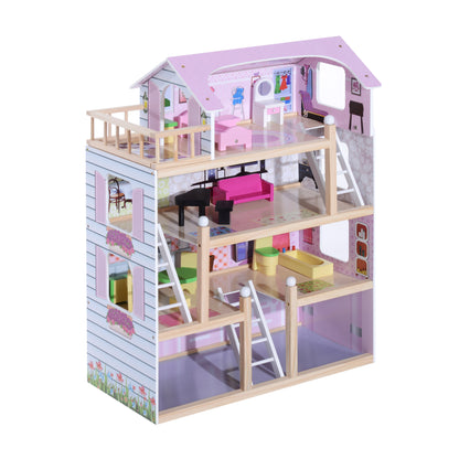 Wooden Dollhouse with 4 Levels Furniture Height 80.5 cm with 13 Accessories Dollhouse for Girls Kids Toy 60.5x30x80.5 cm Pink