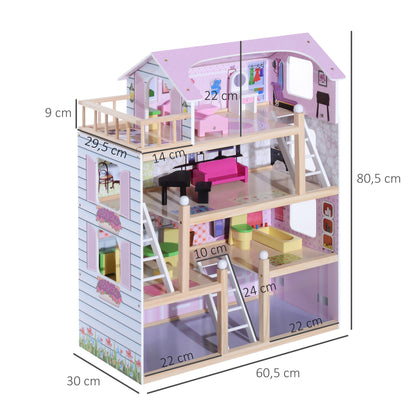 Wooden Dollhouse with 4 Levels Furniture Height 80.5 cm with 13 Accessories Dollhouse for Girls Kids Toy 60.5x30x80.5 cm Pink