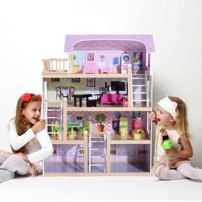 Wooden Dollhouse with 4 Levels Furniture Height 80.5 cm with 13 Accessories Dollhouse for Girls Kids Toy 60.5x30x80.5 cm Pink