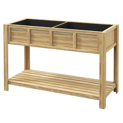 Raised Wooden Planter Stand - Planter with Removable Separator, Shelf, Irrigation Inserts, Drainage Felt Included - Dim. 115L x 46W x 75H cm - Solid Fir Wood