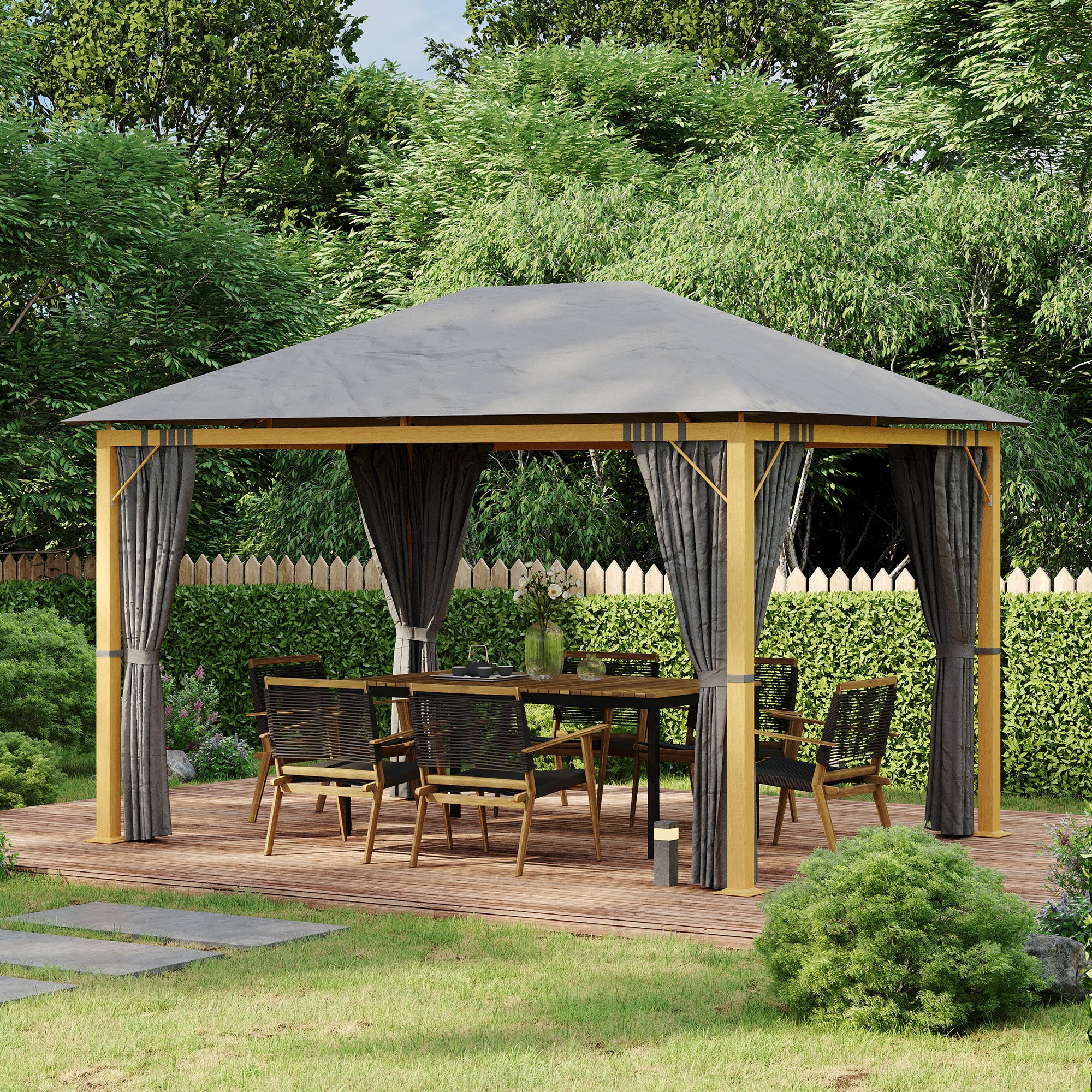 Garden Gazebo 4 x 3 m Aluminum Pavilion with Curtains and Polyester Roof Suncshade Protection
