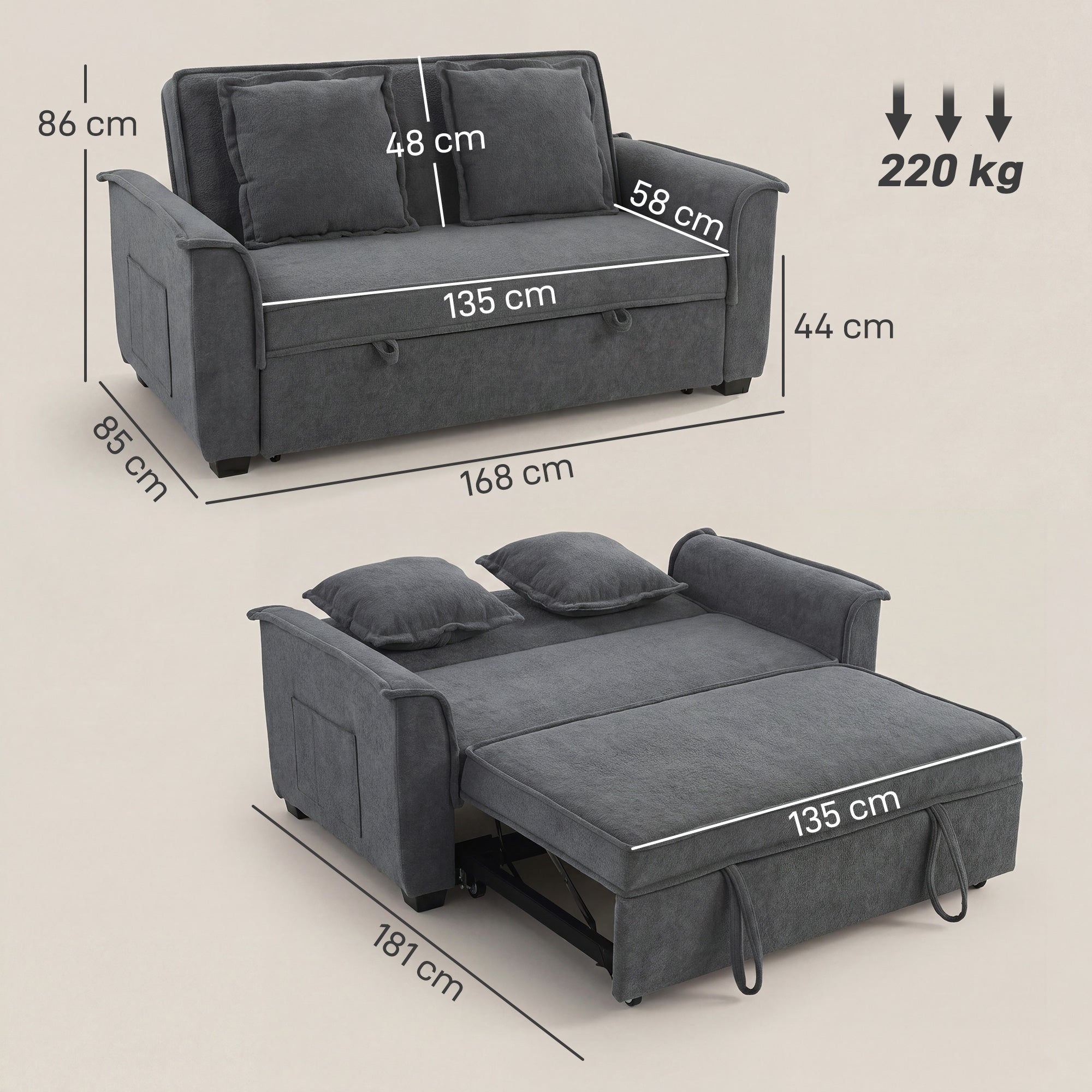 2-Seater Convertible Sofa Bed, 66" Chenille Click-Clack with Adjustable Back, Pocket Springs & Side Pocket, Grey
