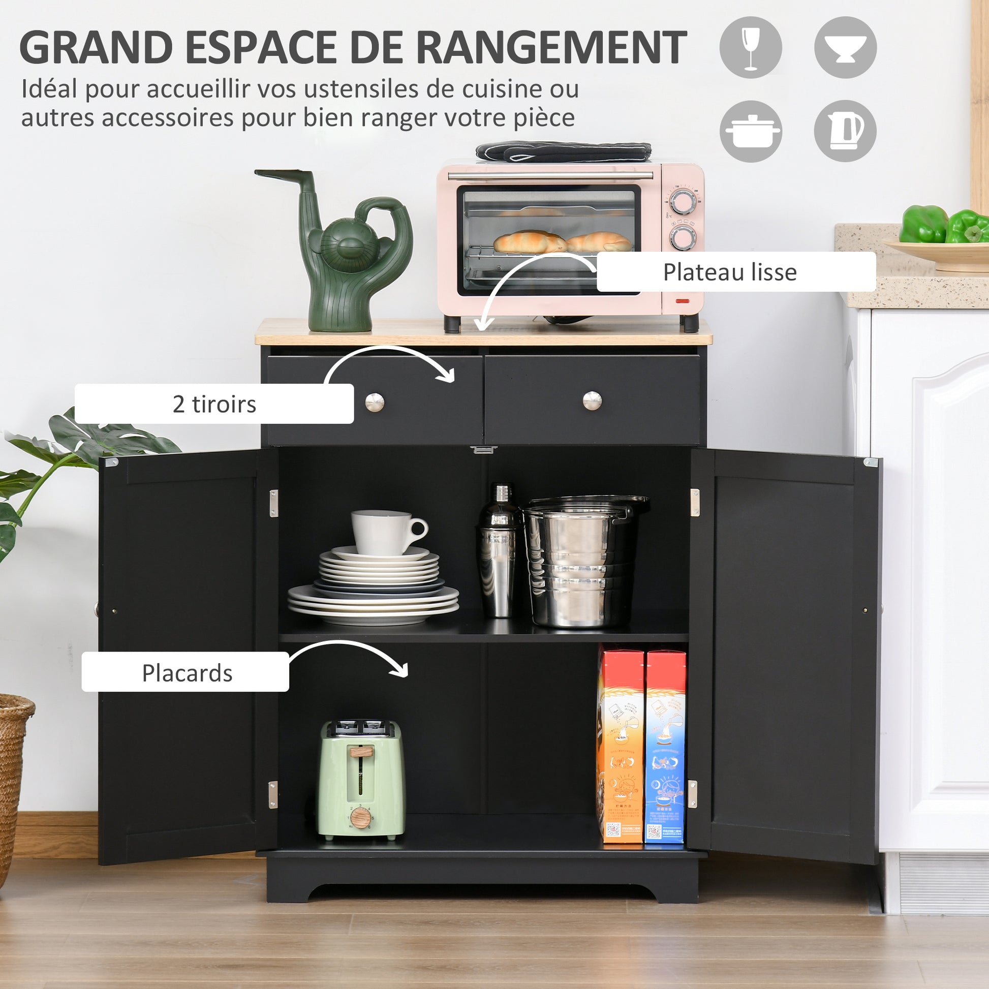 Living Room Storage Buffet with Double Door Cabinets, 2 Drawers, and Adjustable Shelf, Storage Cabinet for Living Room, Kitchen, Bedroom, Black and Natural Wood