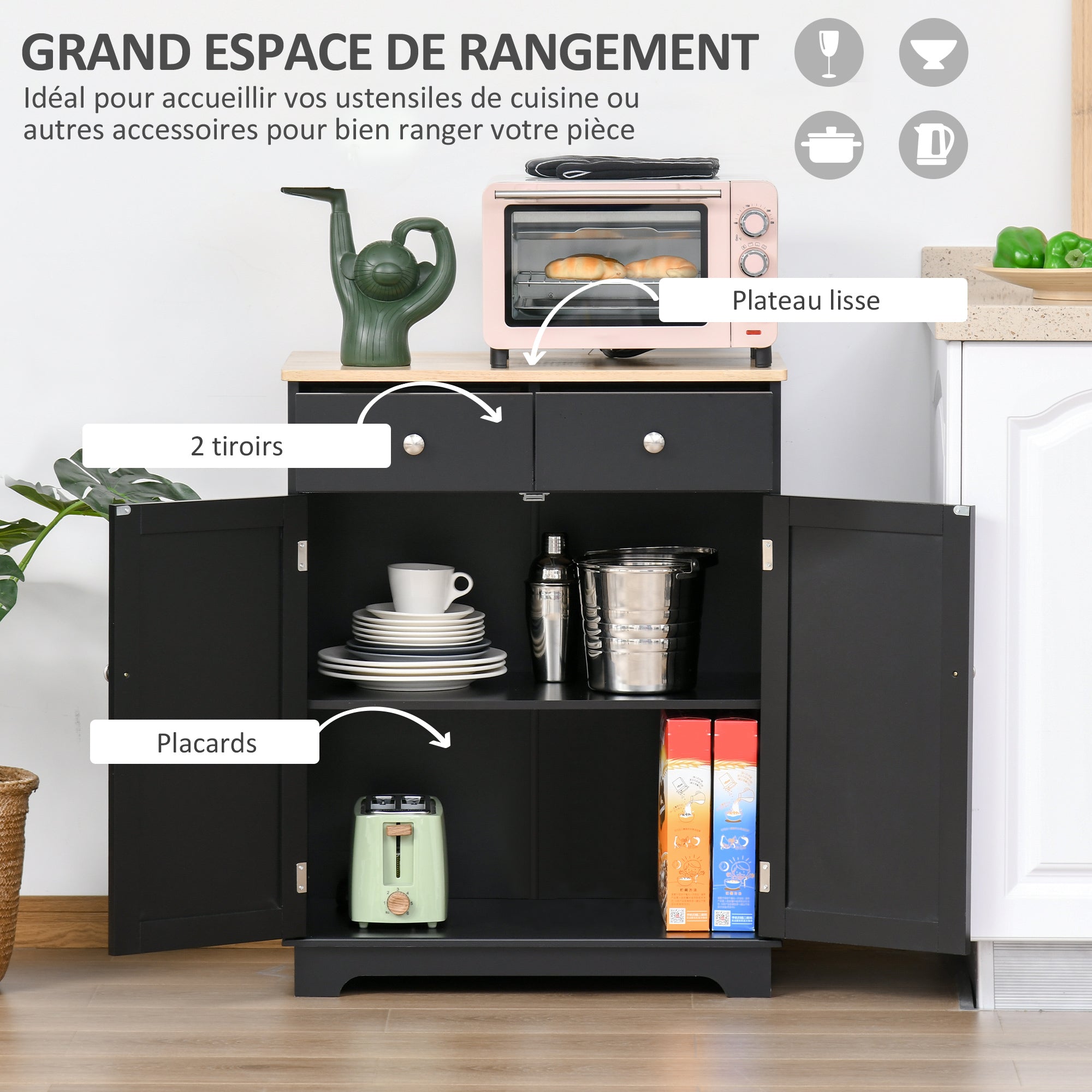 Living Room Storage Buffet with Double Door Cabinets, 2 Drawers, and Adjustable Shelf, Storage Cabinet for Living Room, Kitchen, Bedroom, Black and Natural Wood