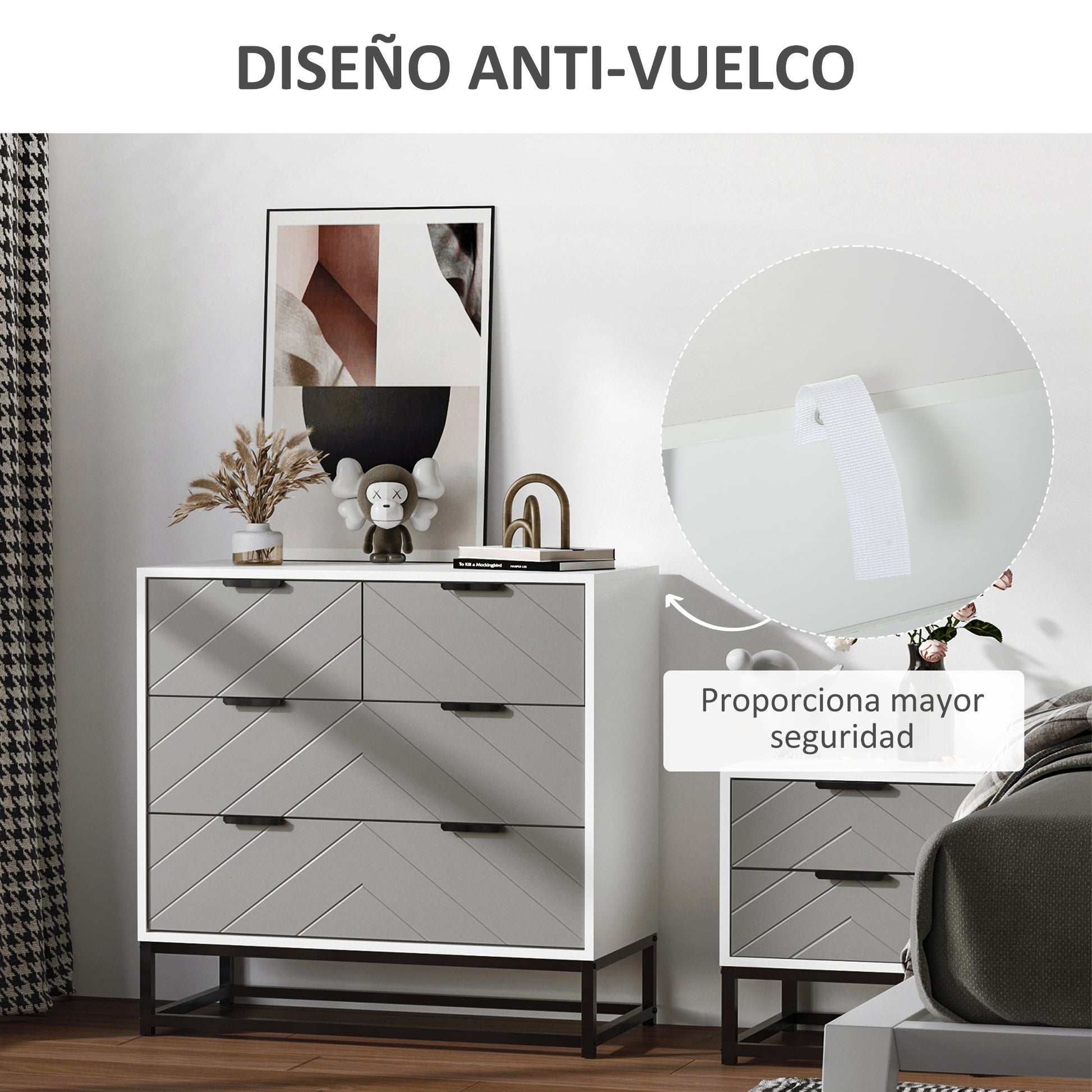 Modern Nightstand Dresser with 4 Drawers and Raised Base for Bedroom Living Room 31.5x15.75x31.1 inches White and Gray