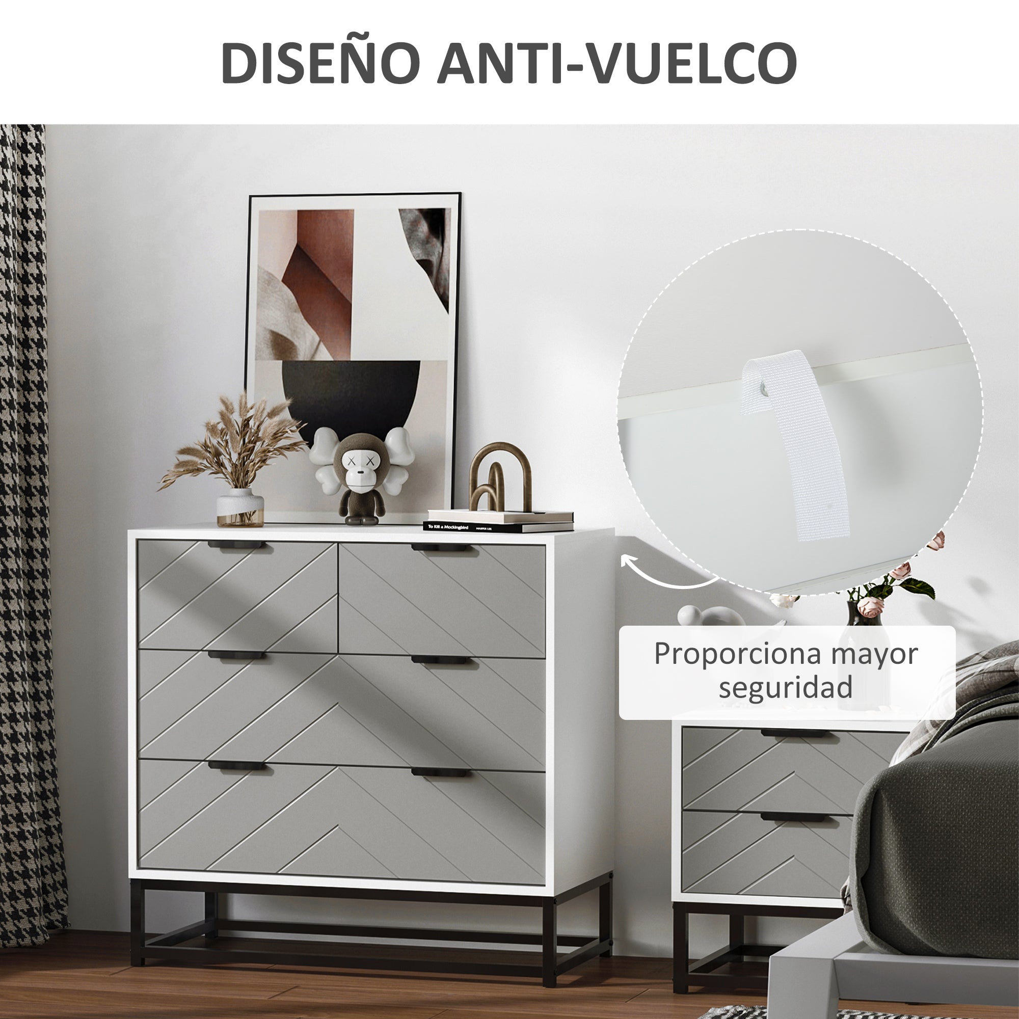 Modern Nightstand Dresser with 4 Drawers and Raised Base for Bedroom Living Room 31.5x15.75x31.1 inches White and Gray