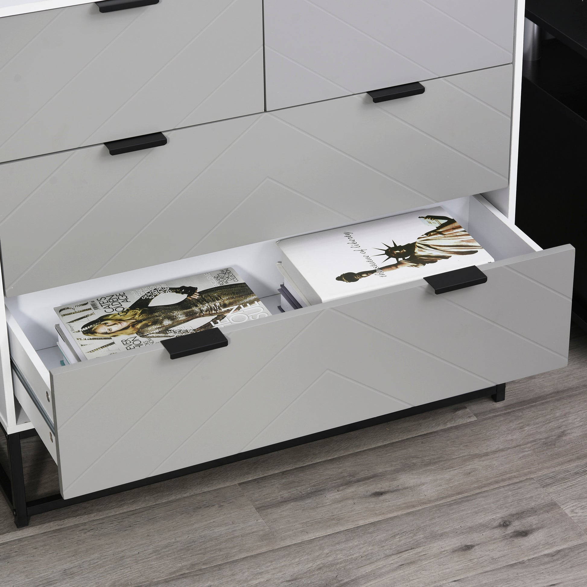 Modern Nightstand Dresser with 4 Drawers and Raised Base for Bedroom Living Room 31.5x15.75x31.1 inches White and Gray