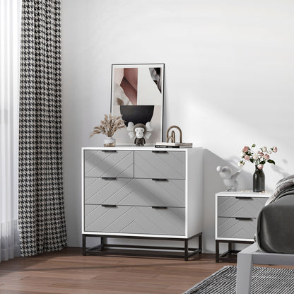Modern Nightstand Dresser with 4 Drawers and Raised Base for Bedroom Living Room 31.5x15.75x31.1 inches White and Gray