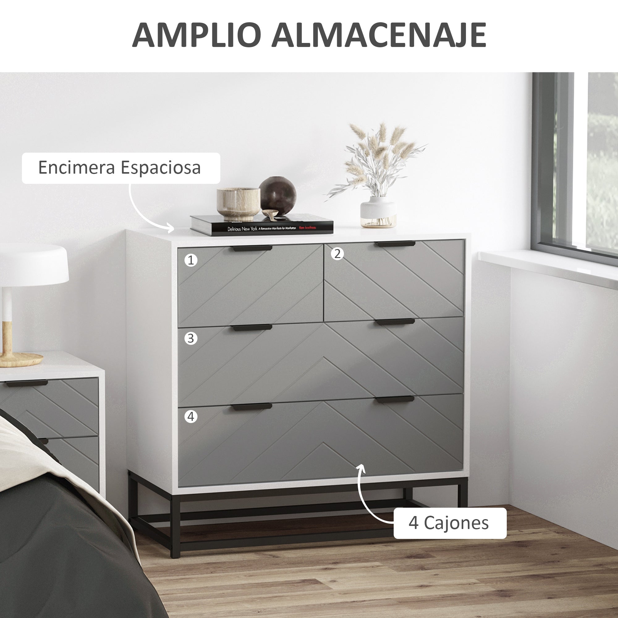 Modern Nightstand Dresser with 4 Drawers and Raised Base for Bedroom Living Room 31.5x15.75x31.1 inches White and Gray