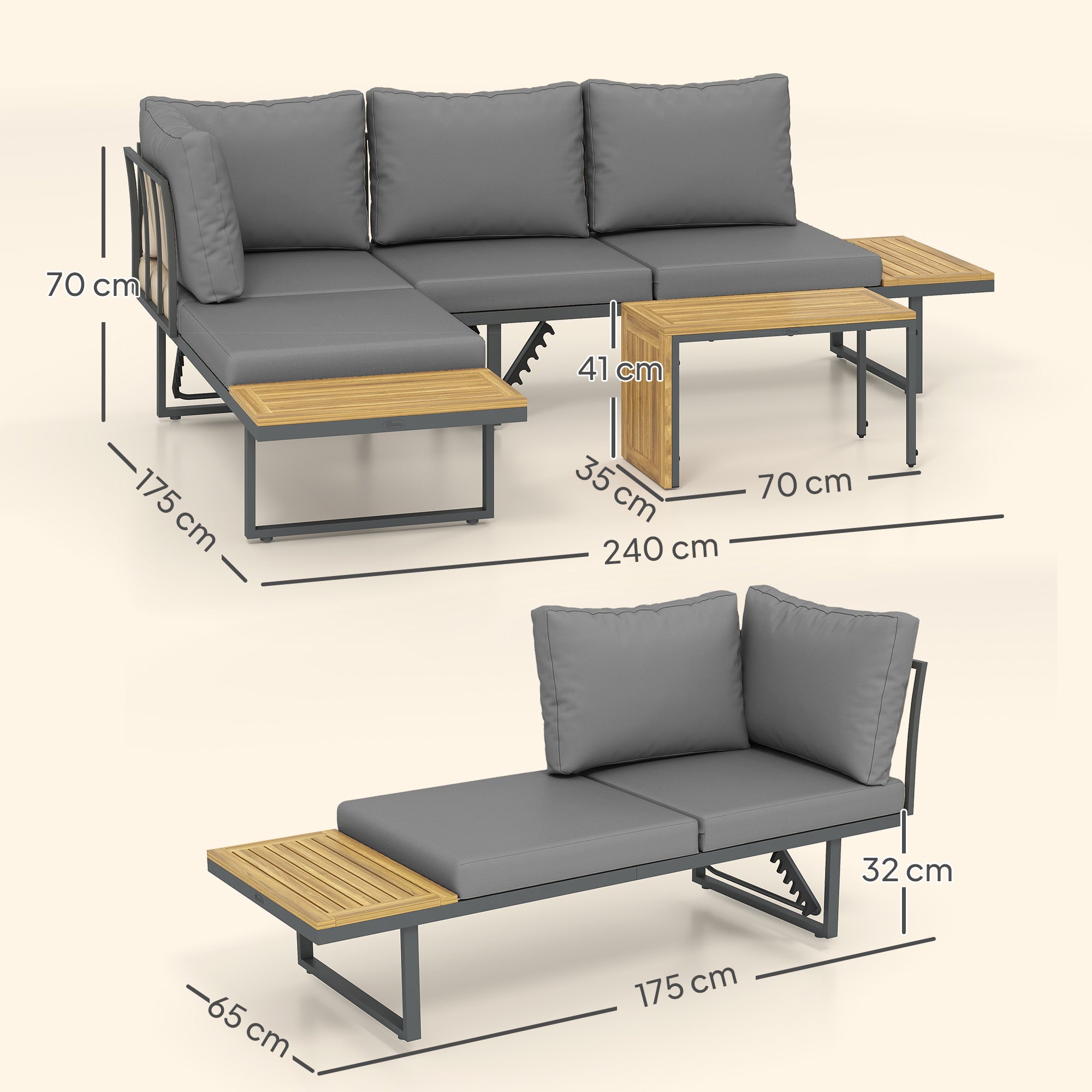 Acacia Wood Garden Furniture Set for 6 People L-Shaped Garden Lounge with Corner Bench Adjustable Backrest Side Table Cushions Balcony Furniture Set Outdoor Seating Group for Garden Terrace Balcony Light Gray