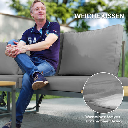 Acacia Wood Garden Furniture Set for 6 People L-Shaped Garden Lounge with Corner Bench Adjustable Backrest Side Table Cushions Balcony Furniture Set Outdoor Seating Group for Garden Terrace Balcony Light Gray