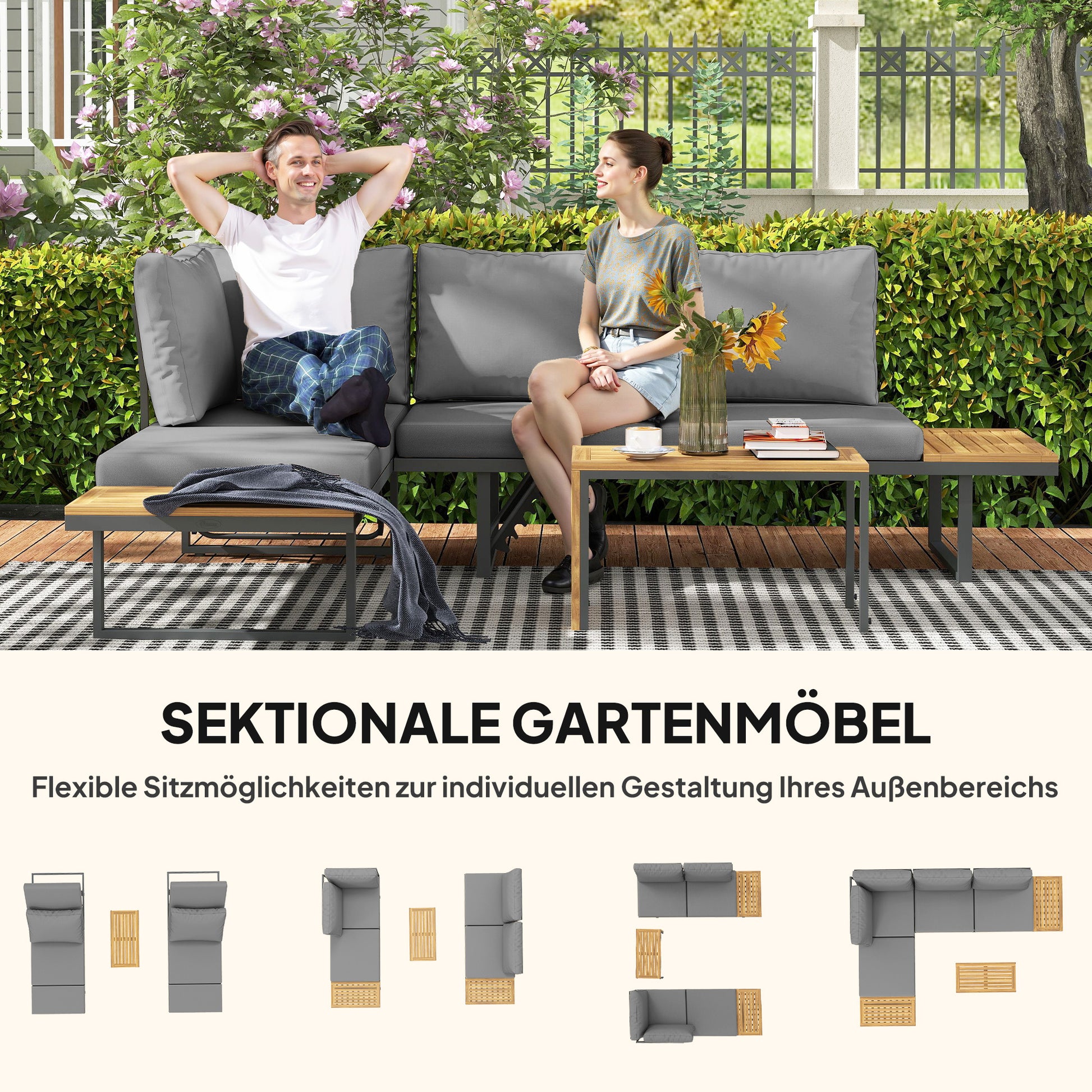 Acacia Wood Garden Furniture Set for 6 People L-Shaped Garden Lounge with Corner Bench Adjustable Backrest Side Table Cushions Balcony Furniture Set Outdoor Seating Group for Garden Terrace Balcony Light Gray