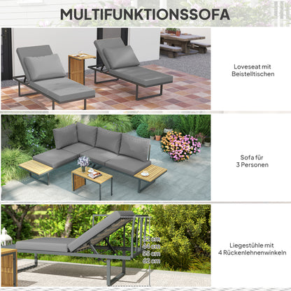 Acacia Wood Garden Furniture Set for 6 People L-Shaped Garden Lounge with Corner Bench Adjustable Backrest Side Table Cushions Balcony Furniture Set Outdoor Seating Group for Garden Terrace Balcony Light Gray