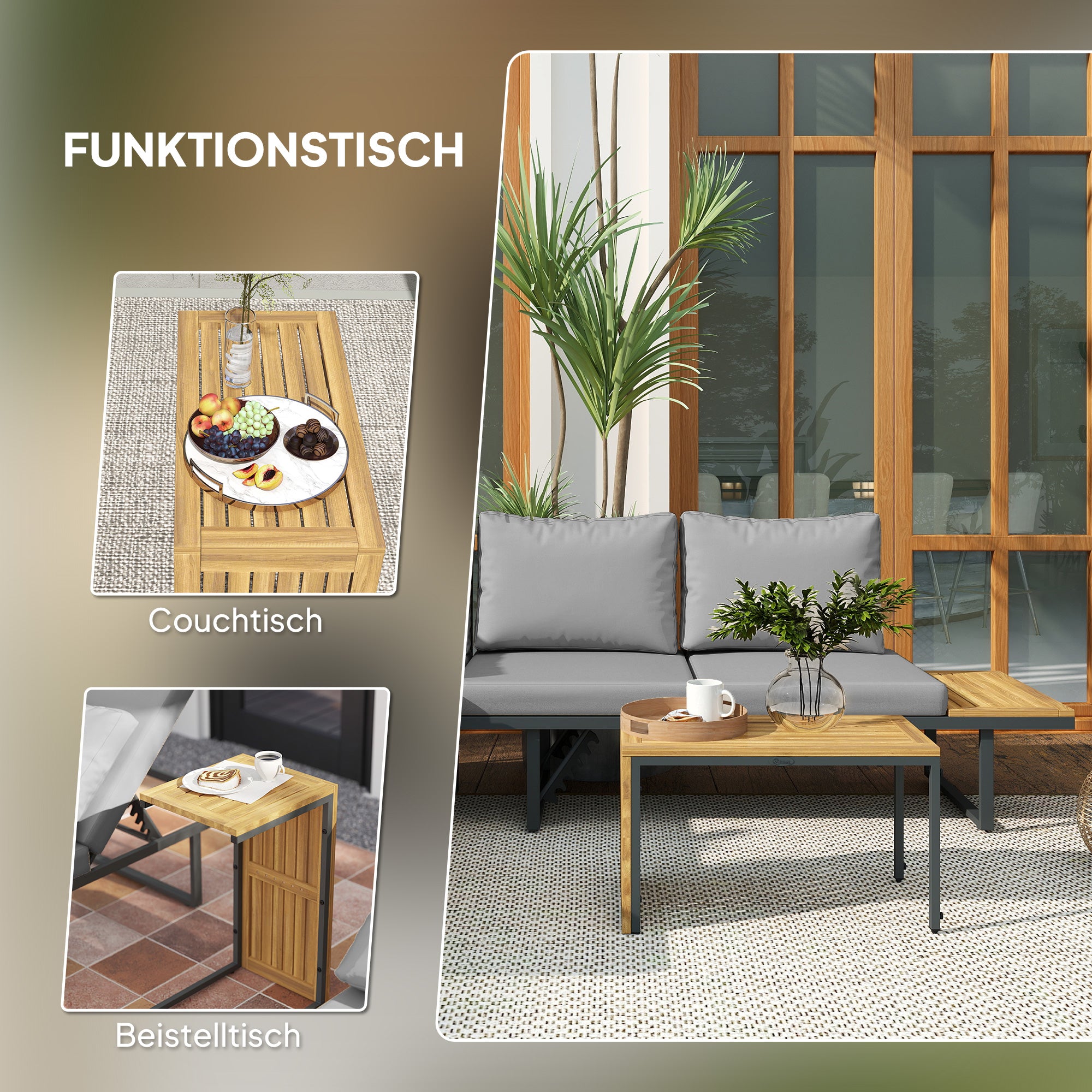 Acacia Wood Garden Furniture Set for 6 People L-Shaped Garden Lounge with Corner Bench Adjustable Backrest Side Table Cushions Balcony Furniture Set Outdoor Seating Group for Garden Terrace Balcony Light Gray