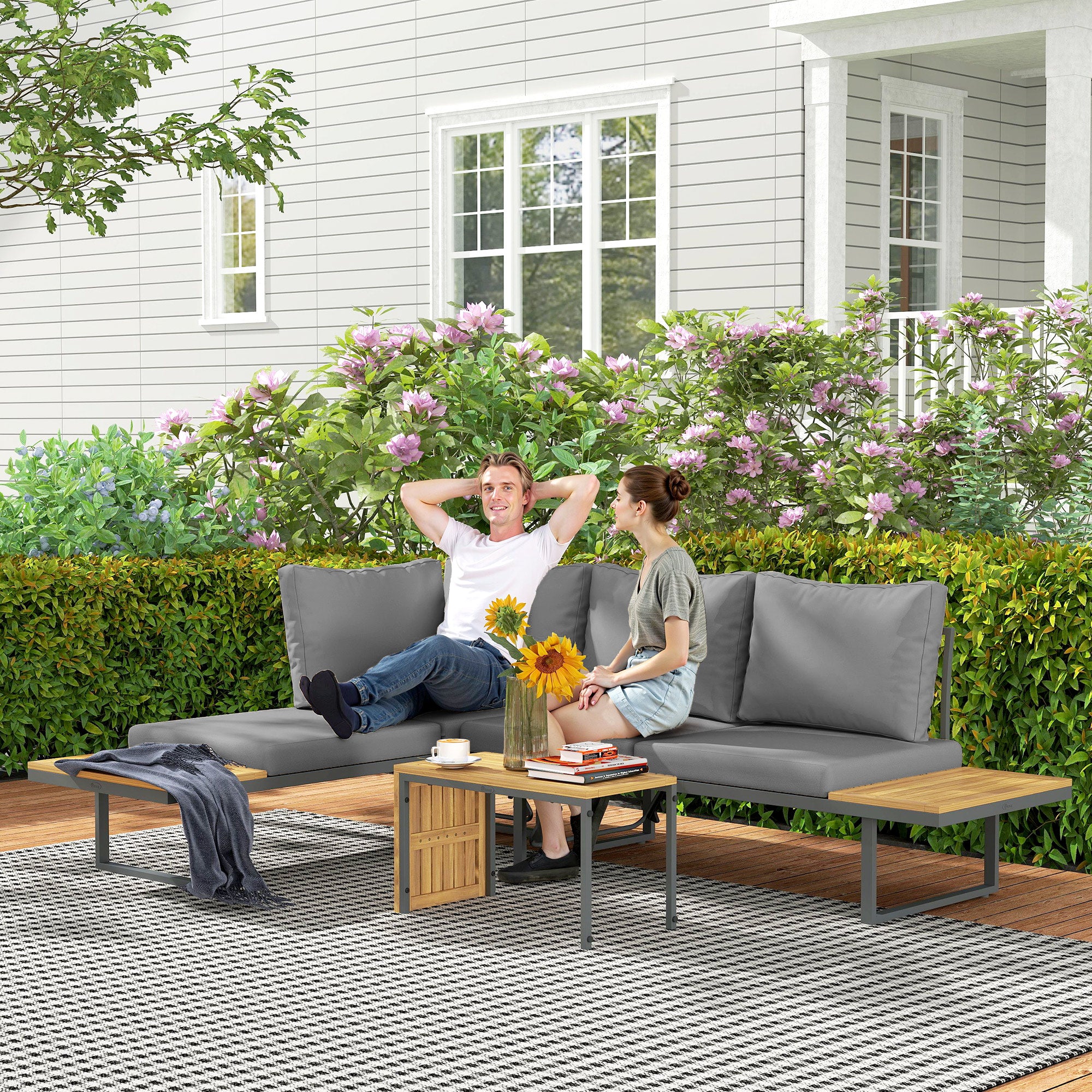 Acacia Wood Garden Furniture Set for 6 People L-Shaped Garden Lounge with Corner Bench Adjustable Backrest Side Table Cushions Balcony Furniture Set Outdoor Seating Group for Garden Terrace Balcony Light Gray