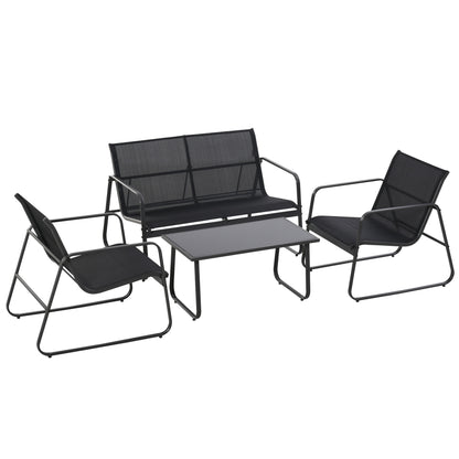 Table Set with Bench and 2 Garden Chairs, Outdoor Furniture in Metal and Texteline, Black