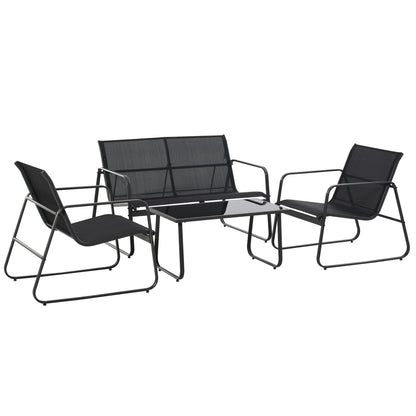 Table Set with Bench and 2 Garden Chairs, Outdoor Furniture in Metal and Texteline, Black