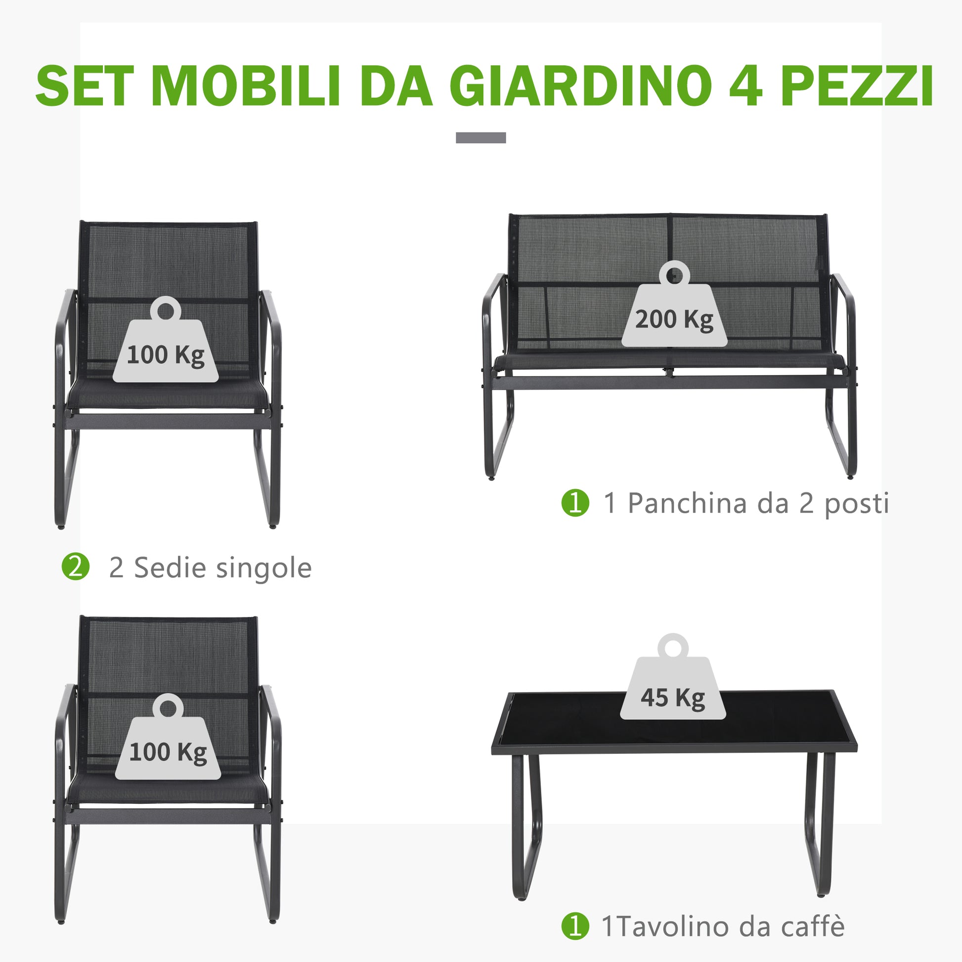 Table Set with Bench and 2 Garden Chairs, Outdoor Furniture in Metal and Texteline, Black