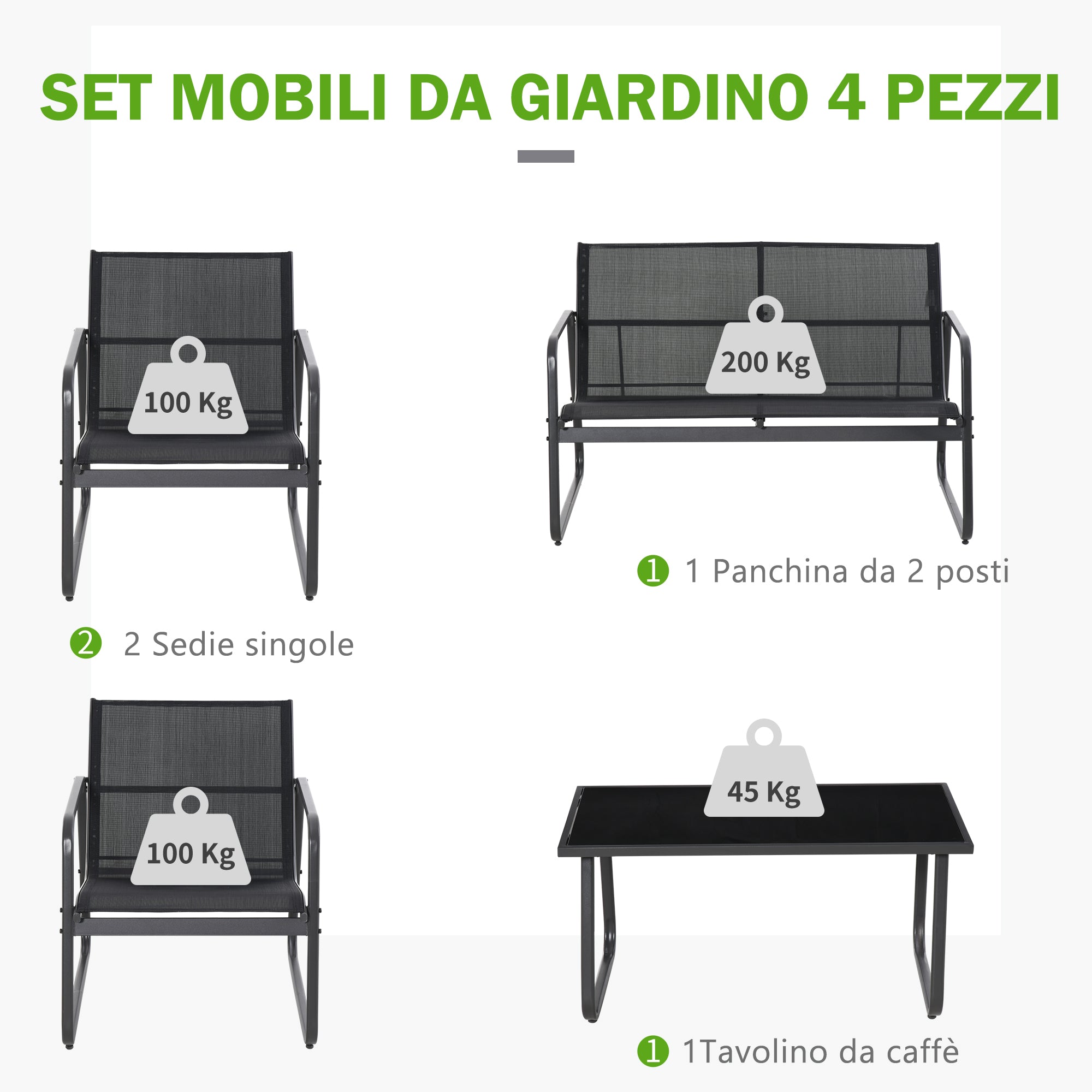 Table Set with Bench and 2 Garden Chairs, Outdoor Furniture in Metal and Texteline, Black
