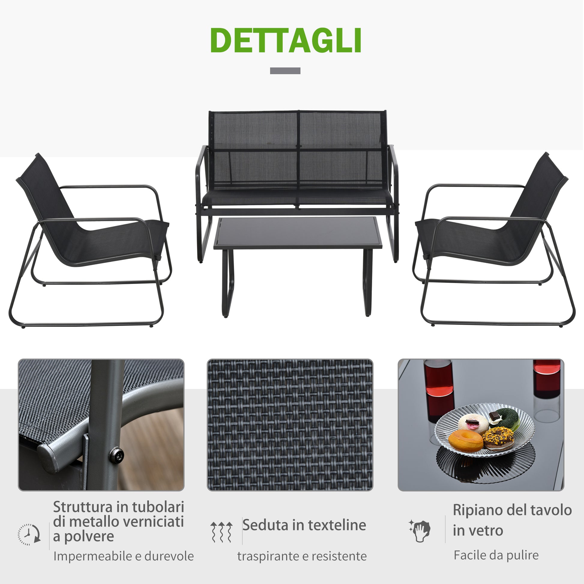 Table Set with Bench and 2 Garden Chairs, Outdoor Furniture in Metal and Texteline, Black