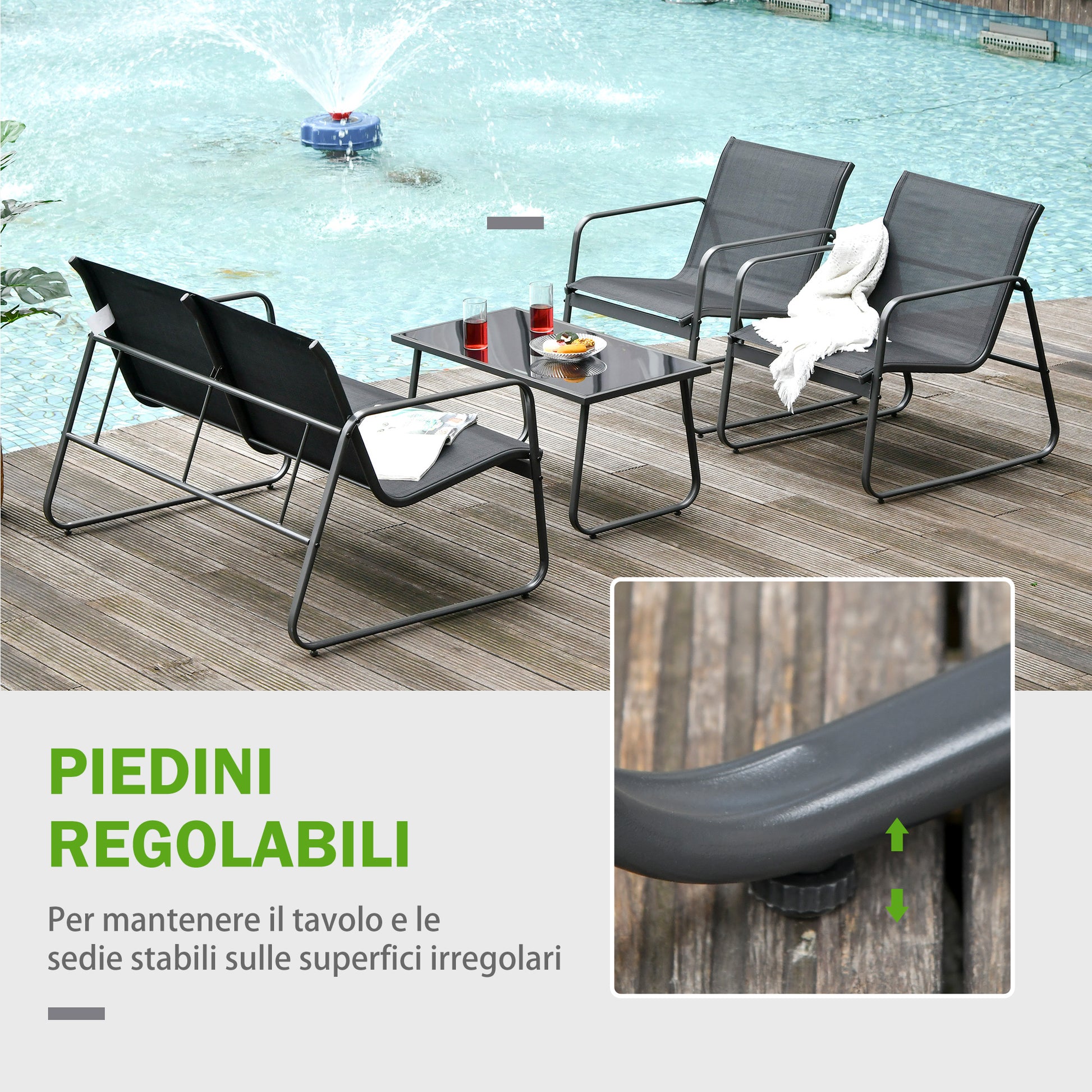 Table Set with Bench and 2 Garden Chairs, Outdoor Furniture in Metal and Texteline, Black