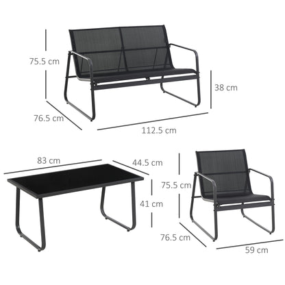 Table Set with Bench and 2 Garden Chairs, Outdoor Furniture in Metal and Texteline, Black