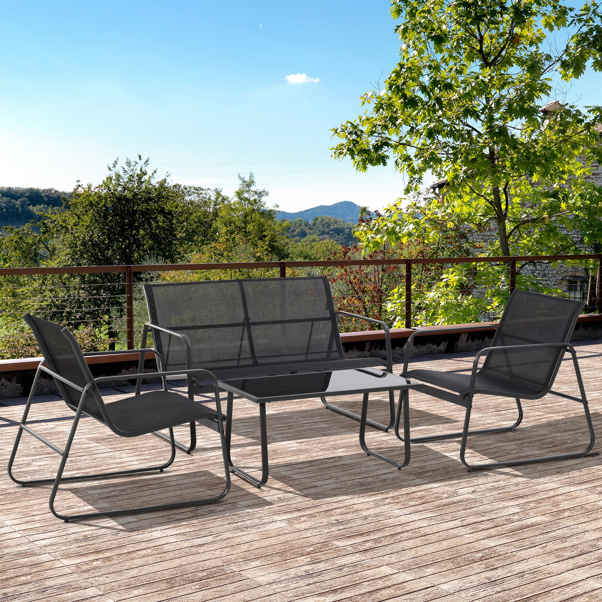 Table Set with Bench and 2 Garden Chairs, Outdoor Furniture in Metal and Texteline, Black