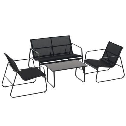 Table Set with Bench and 2 Garden Chairs, Outdoor Furniture in Metal and Texteline, Black