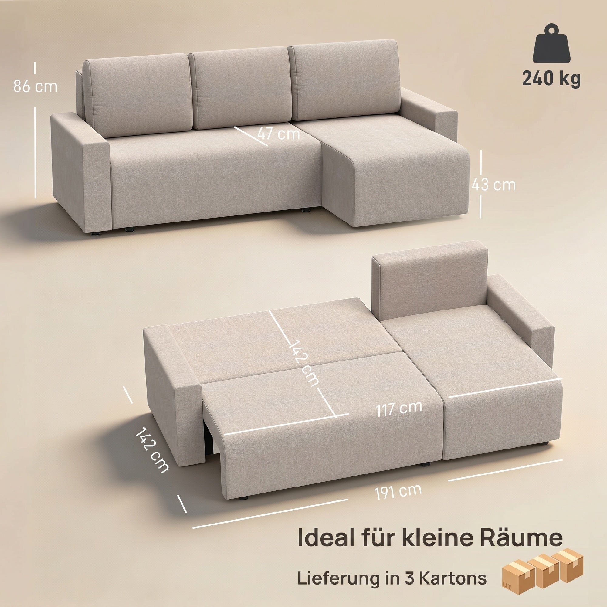 L-Shaped 3-Seater Corner Sofa Bed with Reversible Chaise – Faux Suede, Beige