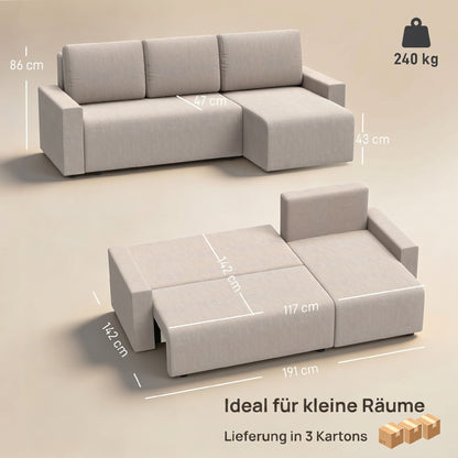 L-Shaped 3-Seater Corner Sofa Bed with Reversible Chaise – Faux Suede, Beige