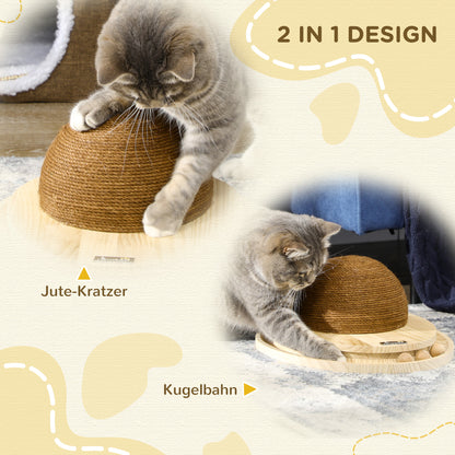 Interactive Cat Toy, 2-in-1 Design Scratching Toy with Scratching Board and Ball Track, Cat Scratching Furniture, Jute, Pine Wood, Natural+Coffee, 39.5 x 32.5 x 14.5 cm
