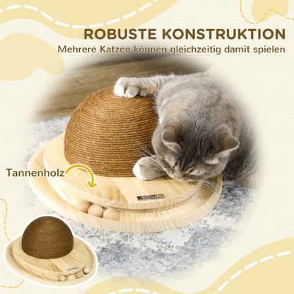 Interactive Cat Toy, 2-in-1 Design Scratching Toy with Scratching Board and Ball Track, Cat Scratching Furniture, Jute, Pine Wood, Natural+Coffee, 39.5 x 32.5 x 14.5 cm