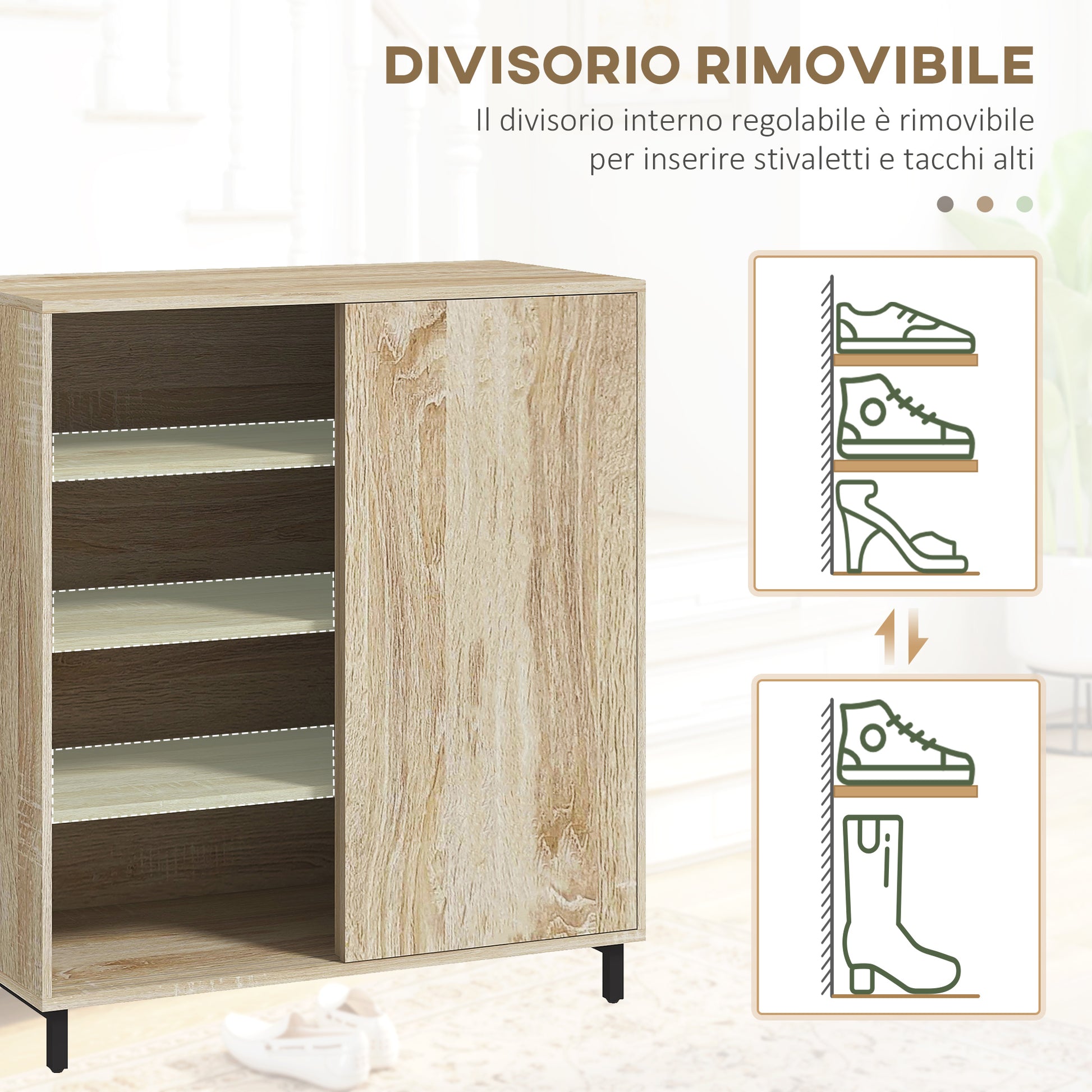 4-Tier Entryway Shoe Rack, Particleboard and Steel Shoe Storage with Sliding Door, Shoe Organizer with Shelves for up to 12 Pairs of Shoes, 80x40x93 cm, Wood Color