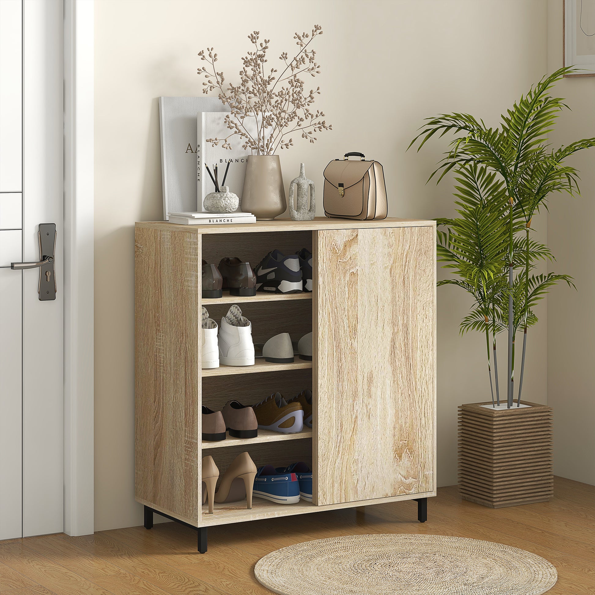 4-Tier Entryway Shoe Rack, Particleboard and Steel Shoe Storage with Sliding Door, Shoe Organizer with Shelves for up to 12 Pairs of Shoes, 80x40x93 cm, Wood Color