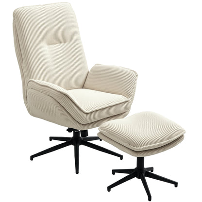 Reclining Armchair with Footstool 360° Swivel TV Armchair with Reclining Function, Corduroy Look, Relaxation Armchair for Living Room, Bedroom, Beige