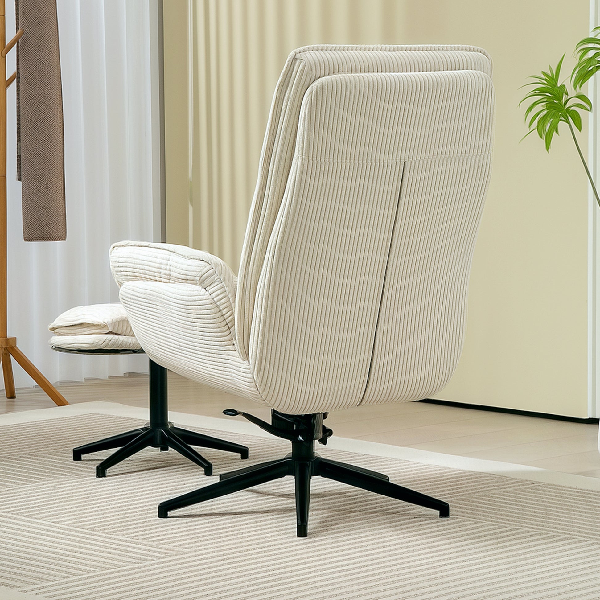 Reclining Armchair with Footstool 360° Swivel TV Armchair with Reclining Function, Corduroy Look, Relaxation Armchair for Living Room, Bedroom, Beige
