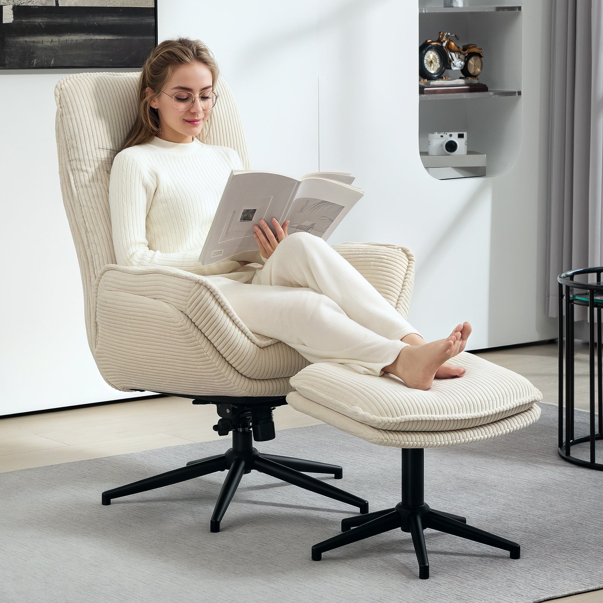 Reclining Armchair with Footstool 360° Swivel TV Armchair with Reclining Function, Corduroy Look, Relaxation Armchair for Living Room, Bedroom, Beige