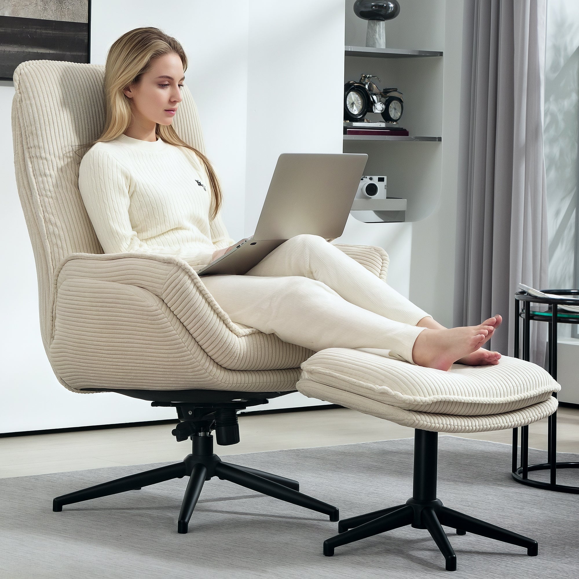 Reclining Armchair with Footstool 360° Swivel TV Armchair with Reclining Function, Corduroy Look, Relaxation Armchair for Living Room, Bedroom, Beige
