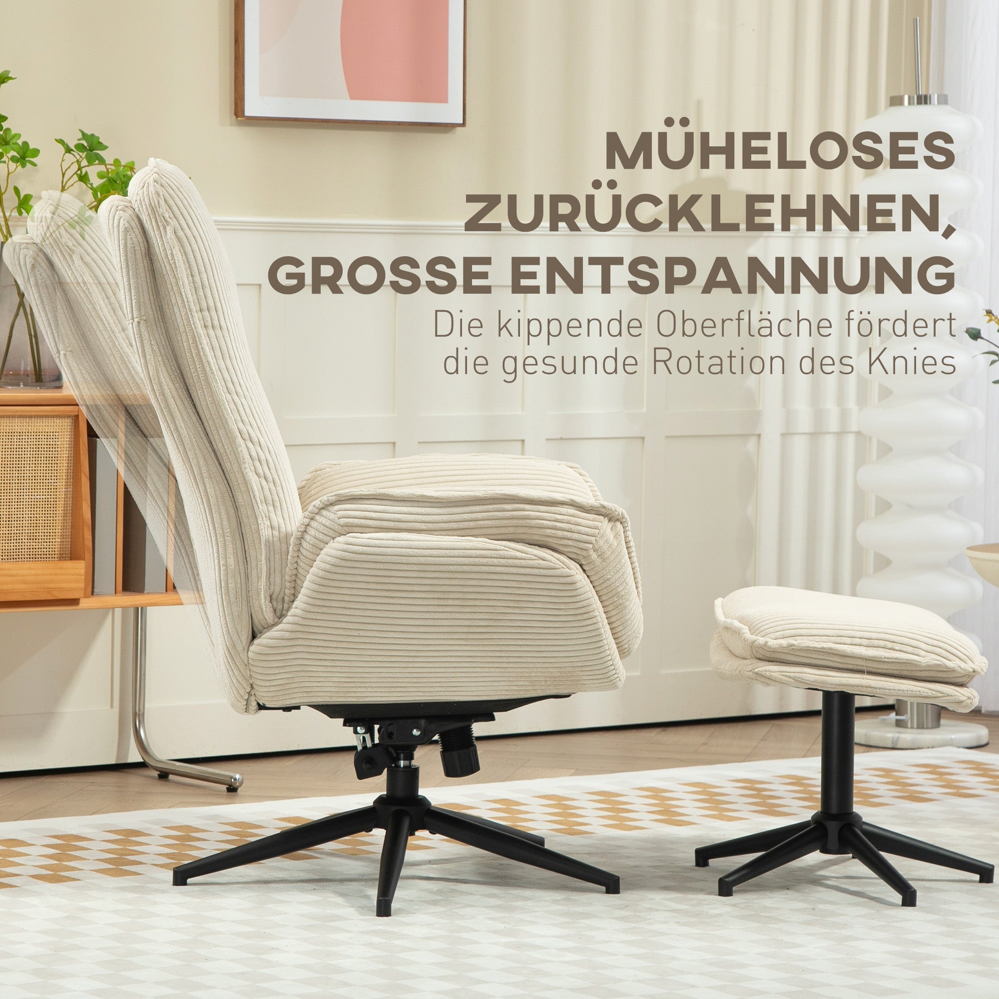 Reclining Armchair with Footstool 360° Swivel TV Armchair with Reclining Function, Corduroy Look, Relaxation Armchair for Living Room, Bedroom, Beige