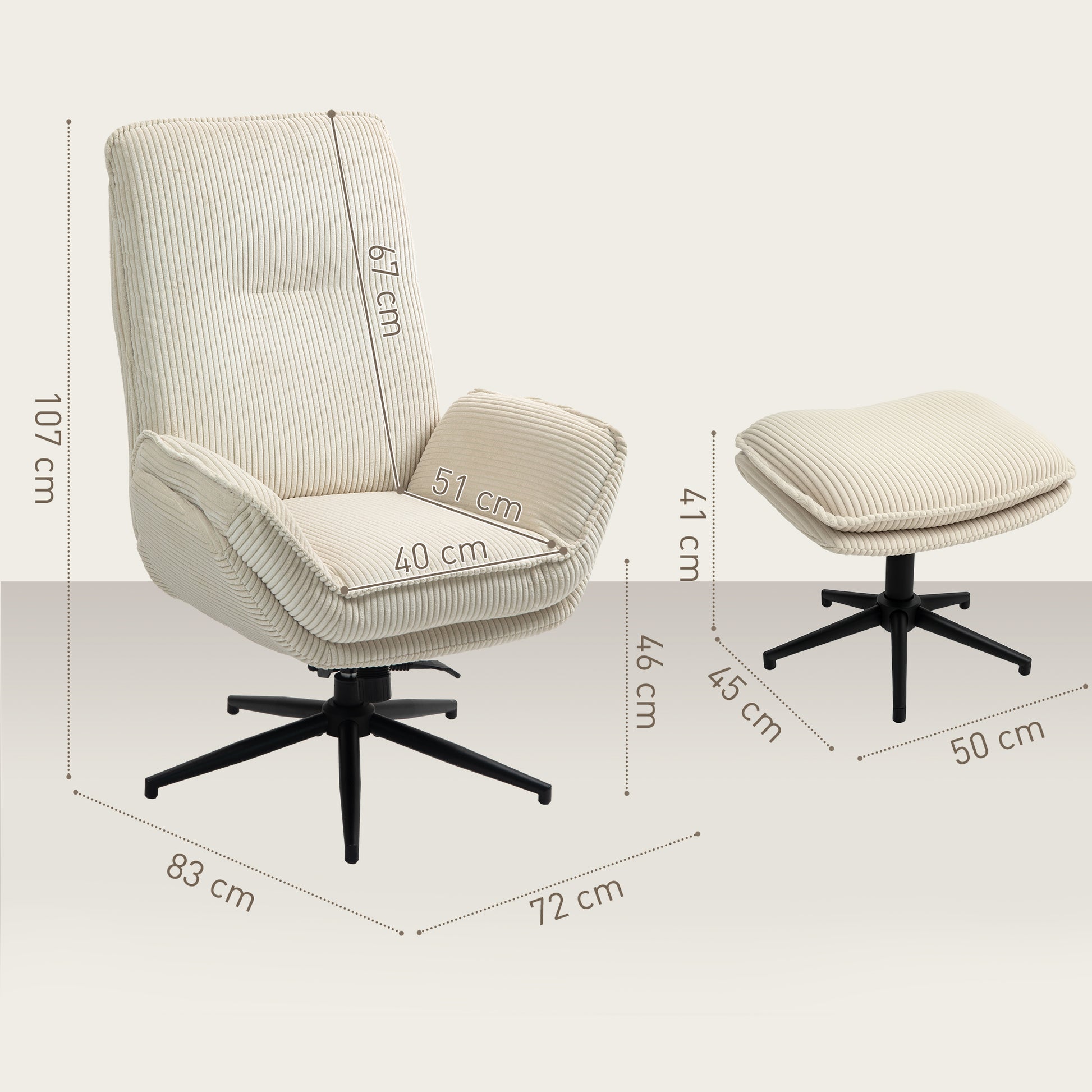 Reclining Armchair with Footstool 360° Swivel TV Armchair with Reclining Function, Corduroy Look, Relaxation Armchair for Living Room, Bedroom, Beige