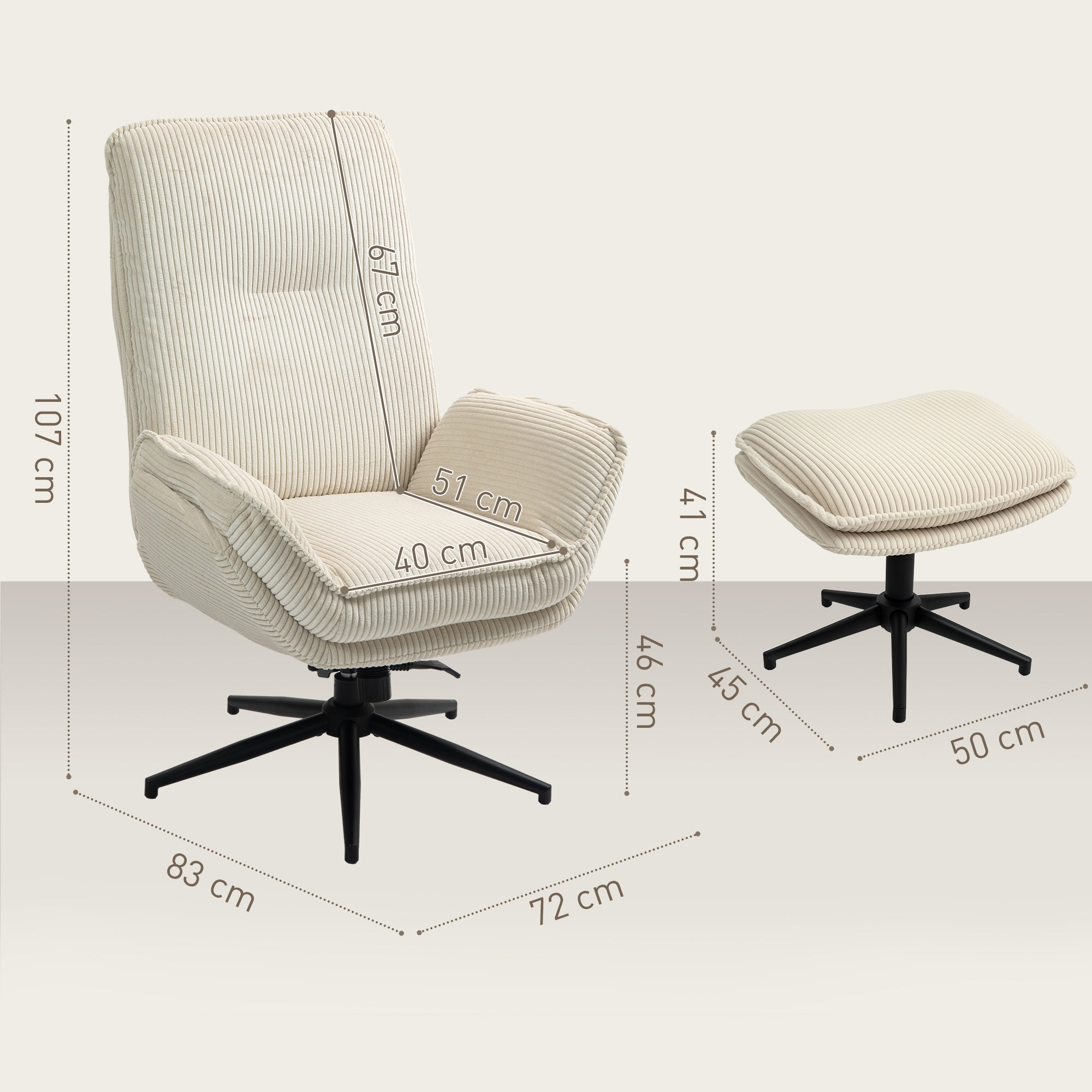 Reclining Armchair with Footstool 360° Swivel TV Armchair with Reclining Function, Corduroy Look, Relaxation Armchair for Living Room, Bedroom, Beige