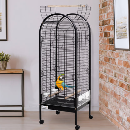 Metal Bird Cage with 3 Removable Wooden Perches Spacious for Parrots Canaries Parakeets with 4 Wheels 54x54x151 cm Black