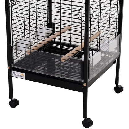 Metal Bird Cage with 3 Removable Wooden Perches Spacious for Parrots Canaries Parakeets with 4 Wheels 54x54x151 cm Black