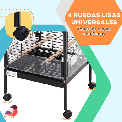 Metal Bird Cage with 3 Removable Wooden Perches Spacious for Parrots Canaries Parakeets with 4 Wheels 54x54x151 cm Black