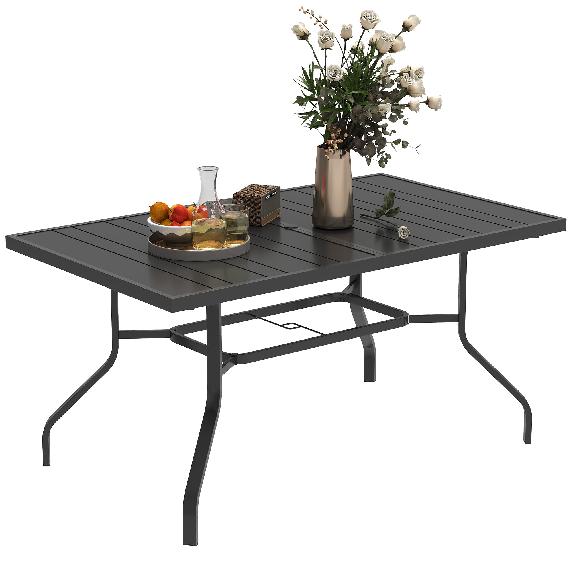 Patio Table 152x90 cm, Weatherproof Steel Balcony Table with Umbrella Hole, Slat Design Dining Table Outdoor, Camping Table, Rectangular Patio Table for Garden Balcony Black