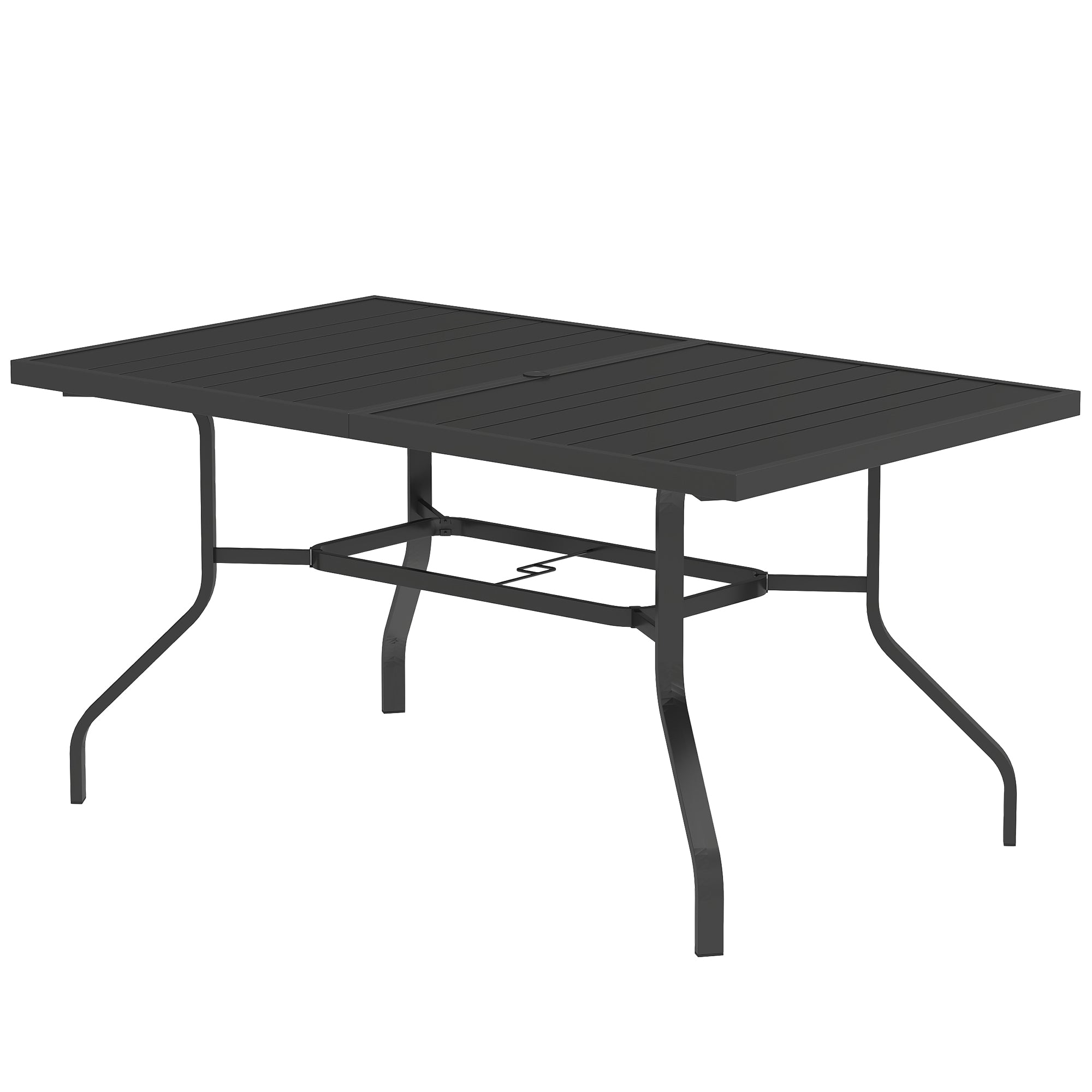 Patio Table 152x90 cm, Weatherproof Steel Balcony Table with Umbrella Hole, Slat Design Dining Table Outdoor, Camping Table, Rectangular Patio Table for Garden Balcony Black