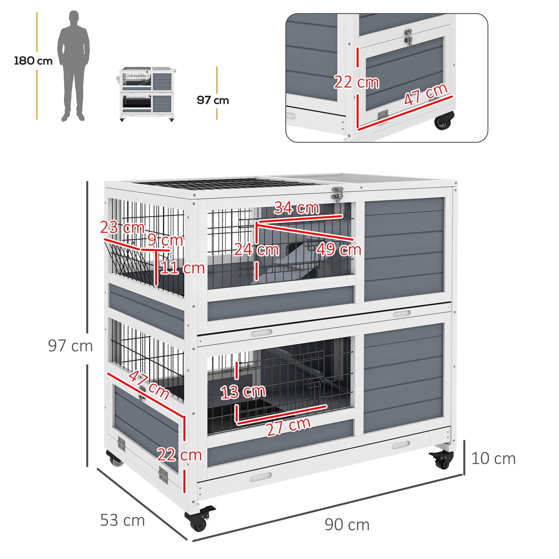 Indoor Wooden Rabbit Hutch with 2 Levels, Cage for Rabbits and Guinea Pigs with Wheels, Removable Trays and Ramps, Gray